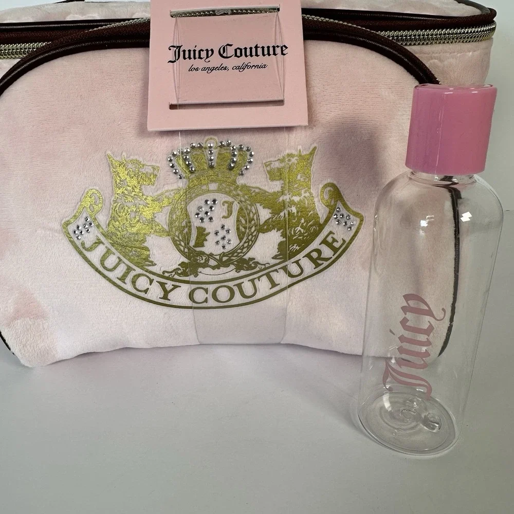 Juicy Couture Velour Cosmetic Bag Set Pink Embossed Hearts Gold Crest